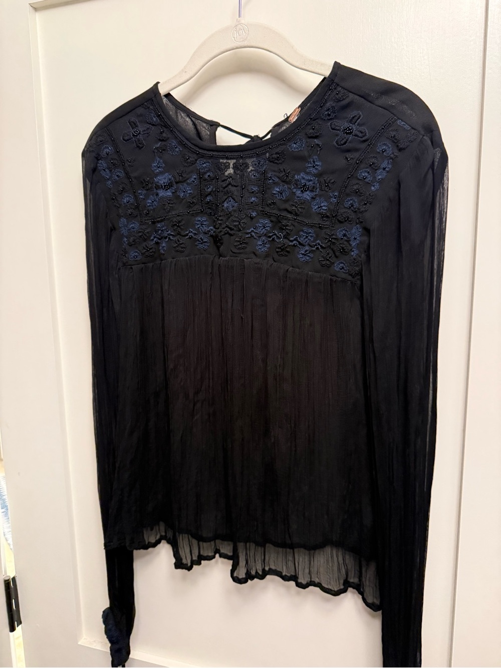 Free People Black Sheer Blouse with Navy Embroidered Beads